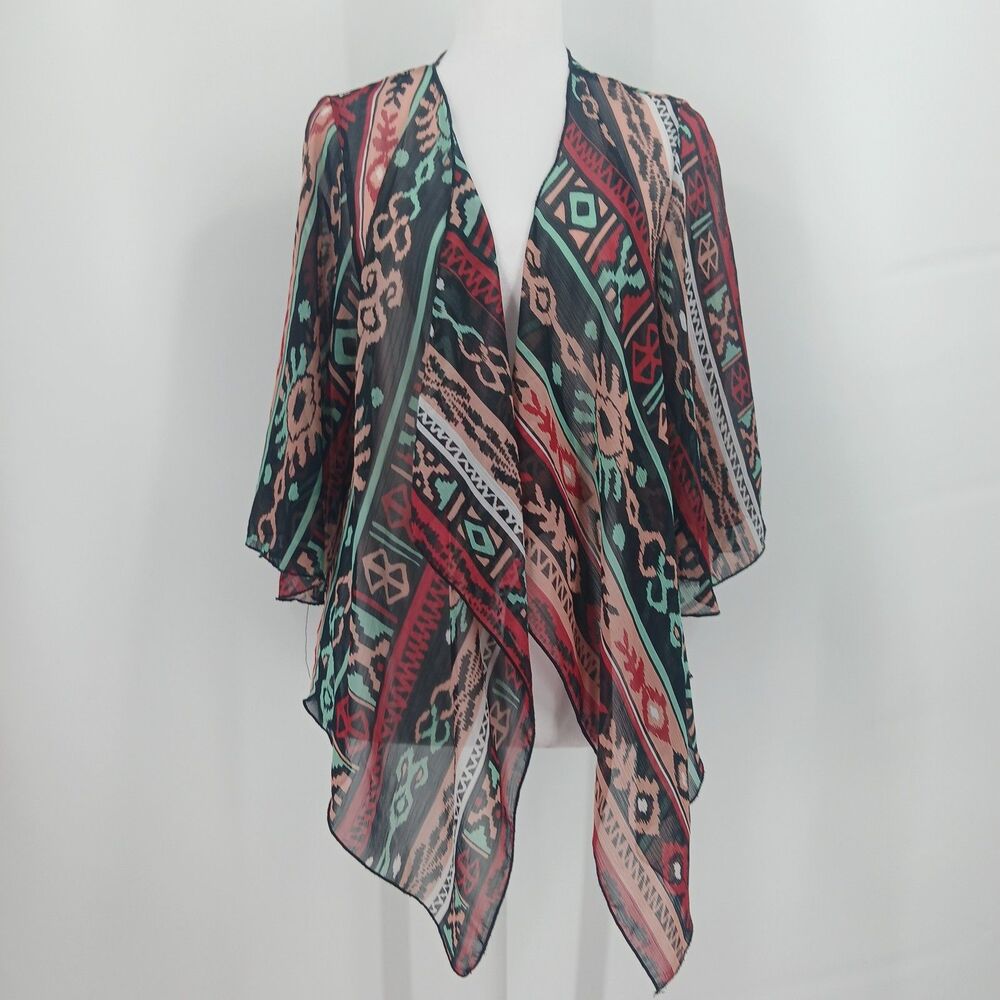 womens cha cha vente size small tribal print open front kimono sheer cardigan